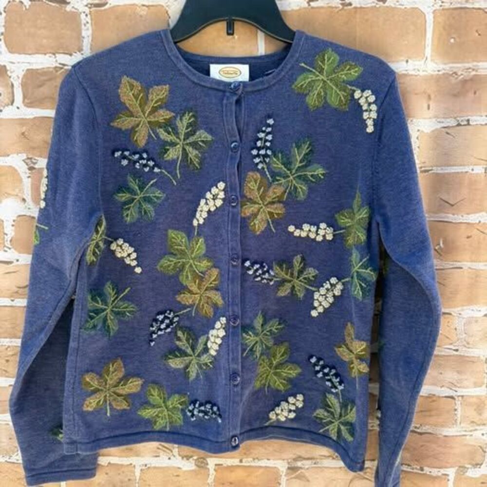 Vintage Talbots Embroidered Fall Floral Leaf Cardigan Sweater Size M